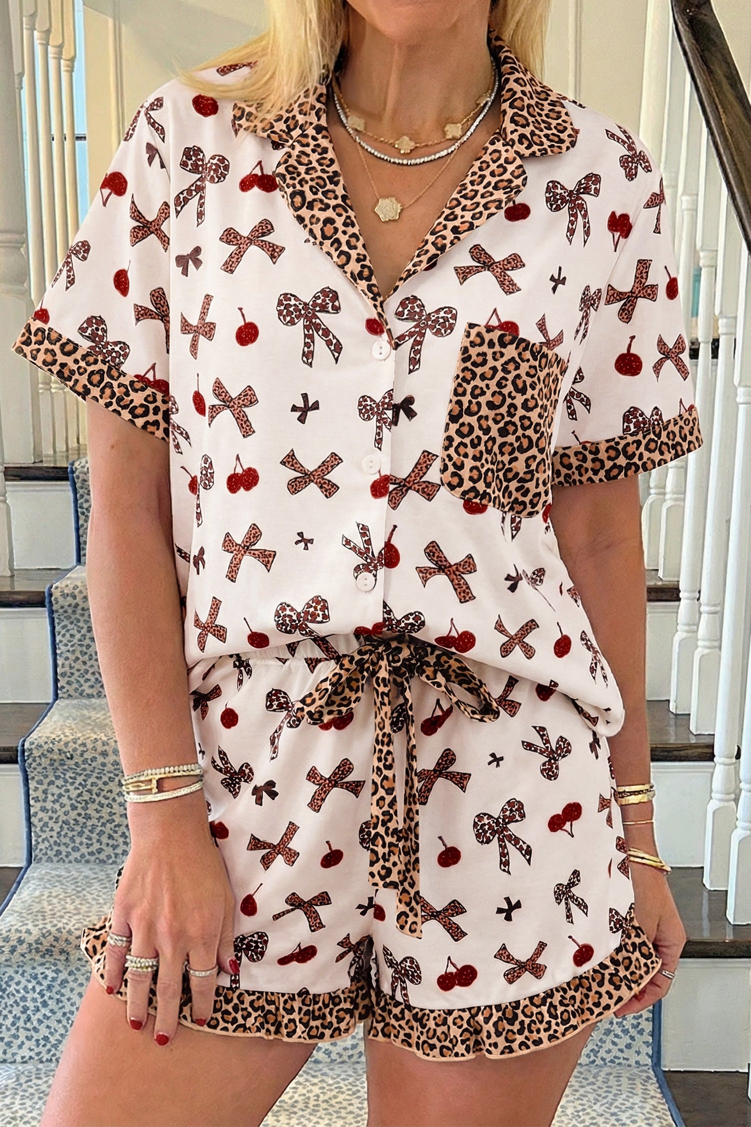 White Chic Bow Cherry Printed Leopard Contrast Patchwork Shirt Drawstring Shorts 2pcs PJ Set 🇺🇸