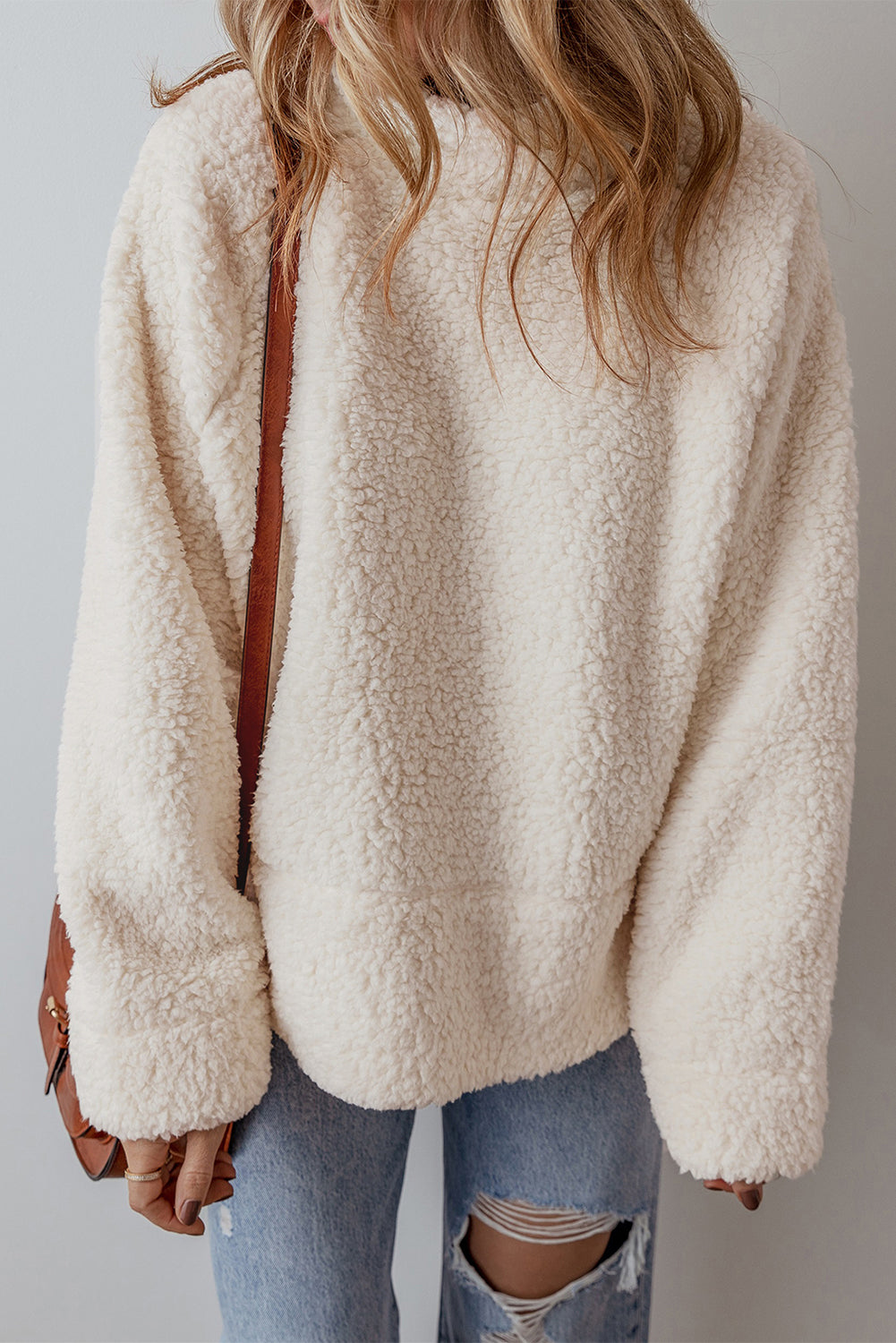 White Solid Fleece High Neck Drop Shoulder Pullover Sweatshirt 🇺🇸