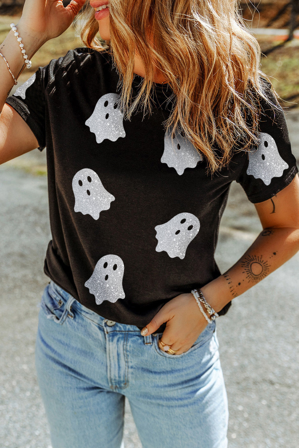 Black Glitter Ghost Pattern Crew Neck Halloween T Shirt 🇺🇸