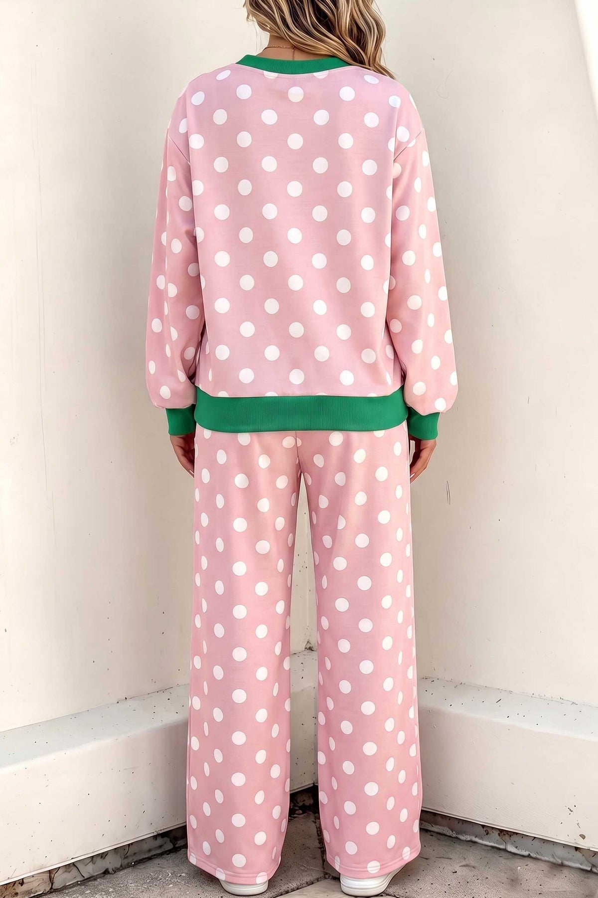 Sky Blue Polka Dot Contrast Trim Long Sleeve Top Drawstring Shift Pants Set 🇺🇸