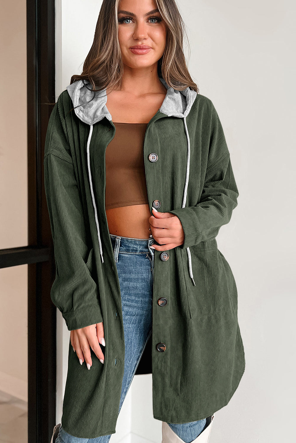 Jungle Green Oversized Corduroy Contrast Hooded Shacket 🇺🇲