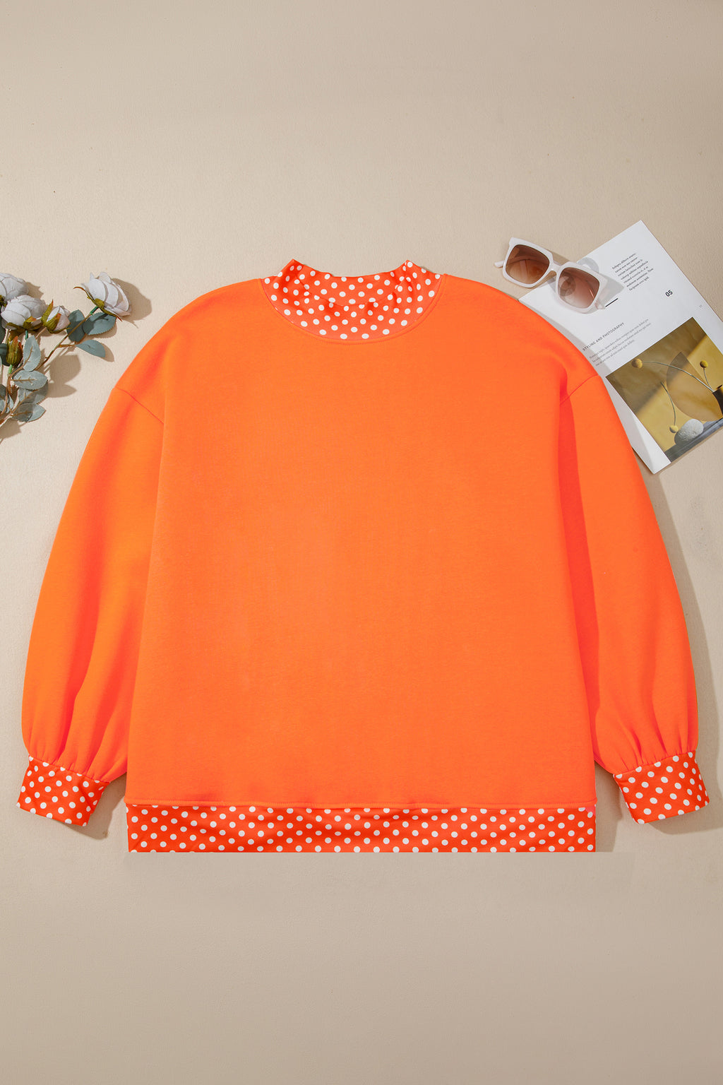 Red Polka Dot Patchwork Round Neck Plus Size Sweatshirt 🇺🇸
