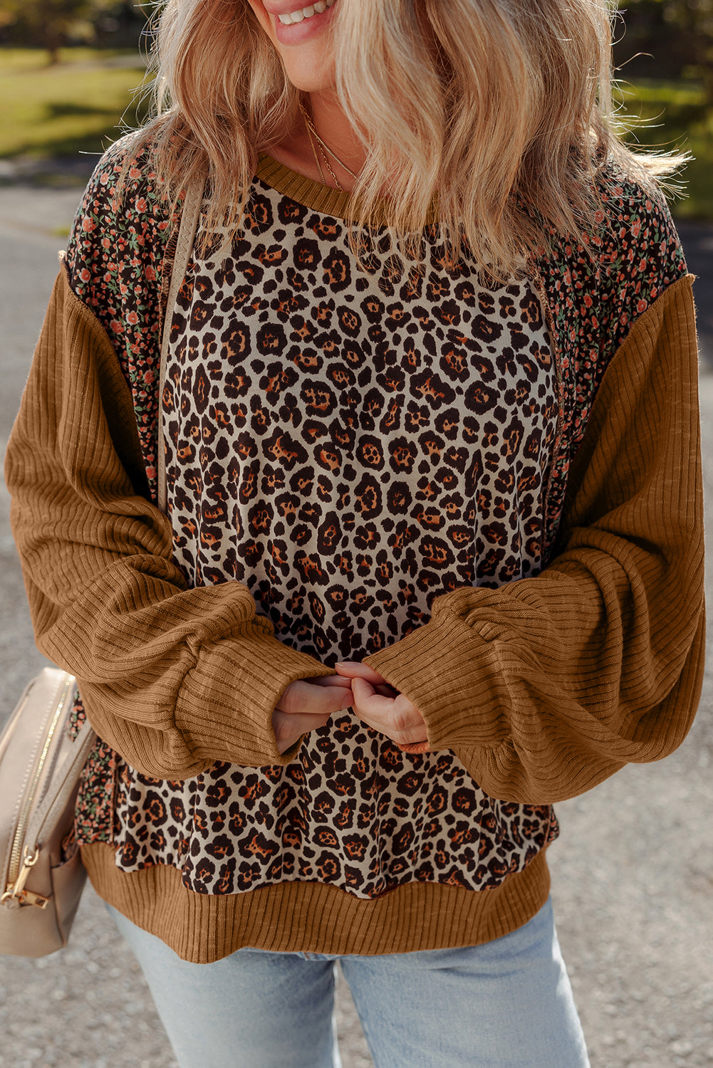Brown Leopard Floral Print Ribbed Puff Sleeve Patchwork Loose Pullover 🇺🇸