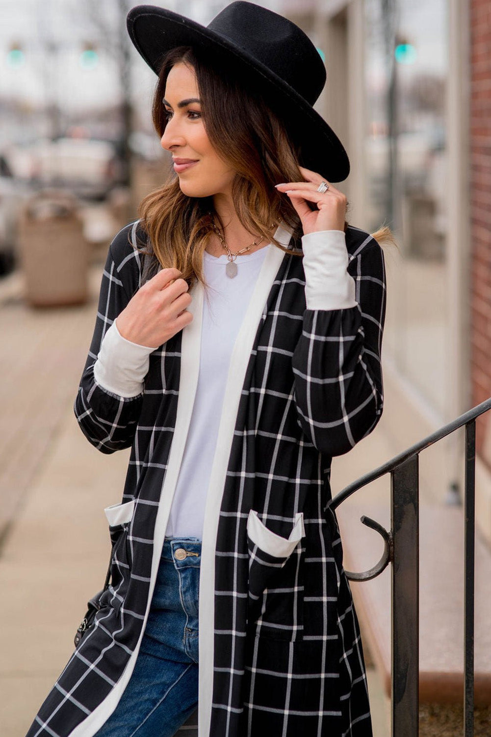 Black Plaid Colorblock Edge Open Cardigan with Pocket 🇨🇳