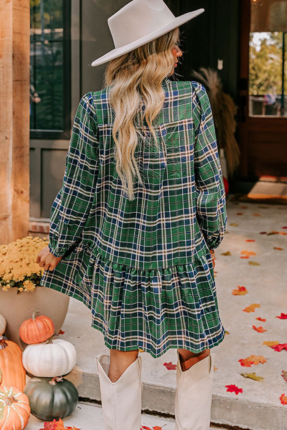 Green Plaid Print Frilly Collar Long Sleeve Shift Mini Dress 🇺🇸