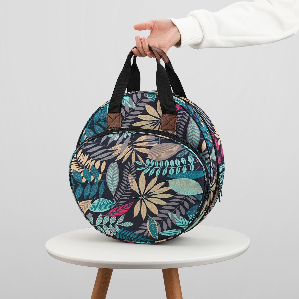 Embroidery Thread Bag with Maple Leaves Round Embroidered Circle Bag Blue Color Knitting Tote Bag Sewing Accessories 🇨🇳