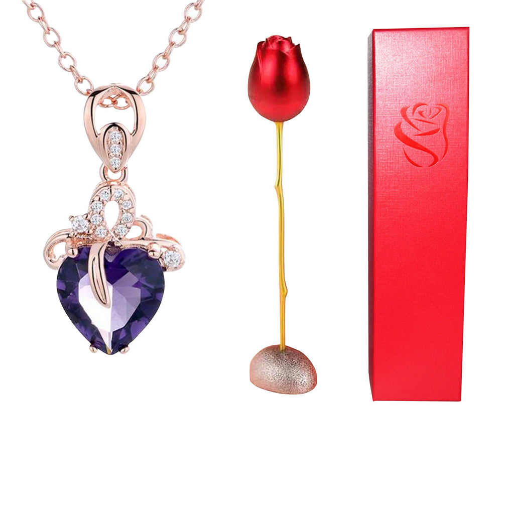 Heart Shaped Blue Purple Crystal Diamond Pendant Rose Head Necklace 🇨🇳