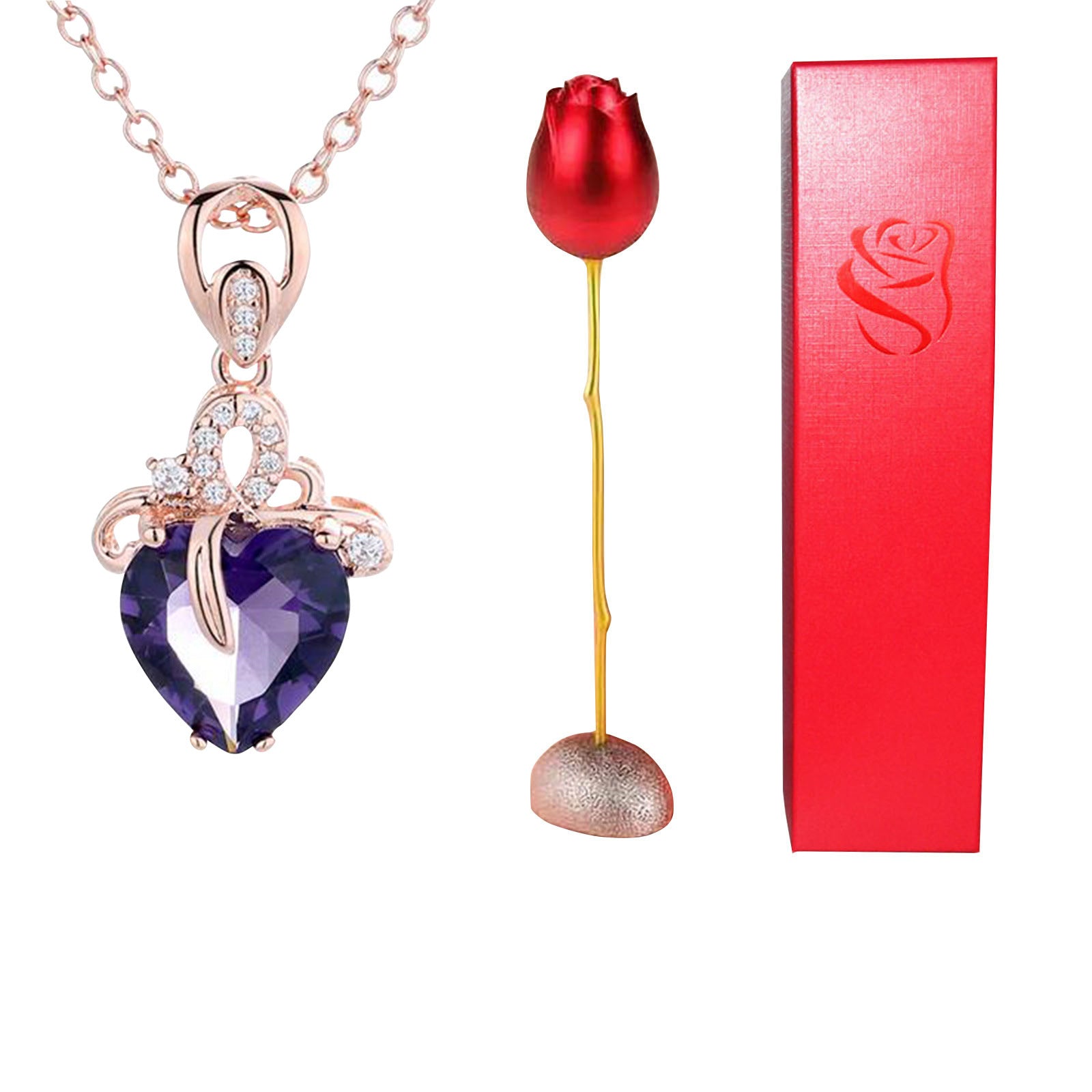 Heart Shaped Blue Purple Crystal Diamond Pendant Rose Head Necklace 🇨🇳