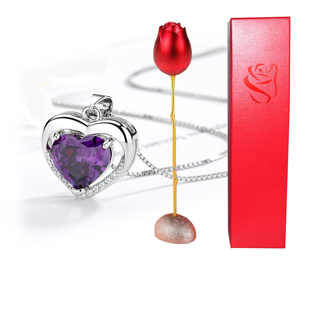 Heart Shaped Blue Purple Crystal Diamond Pendant Rose Head Necklace 🇨🇳