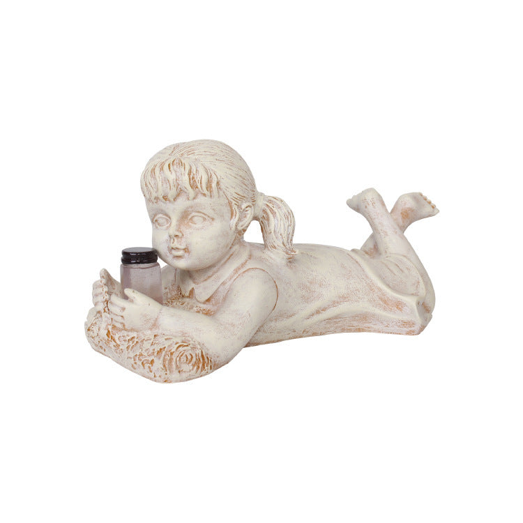 Home Decor Resin Craft With Firefly Jar Garden Statue Children Desktop Accessories Boy Girl Cute Gift Outdoor Solar Lighted Art 🇨🇳