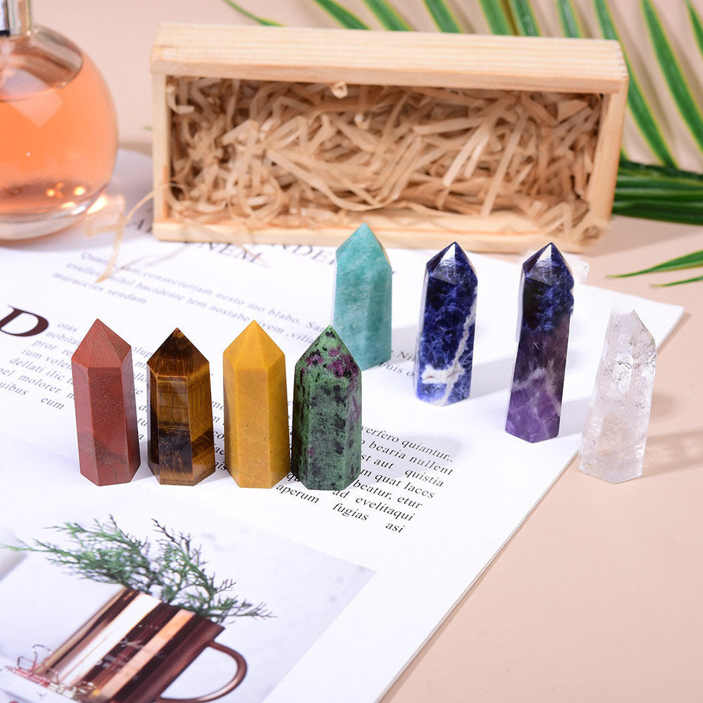 Donghai Natural Crystal Single Pointed Column Set White Crystal  Crystal Eight-Color Wooden Box 🇨🇳