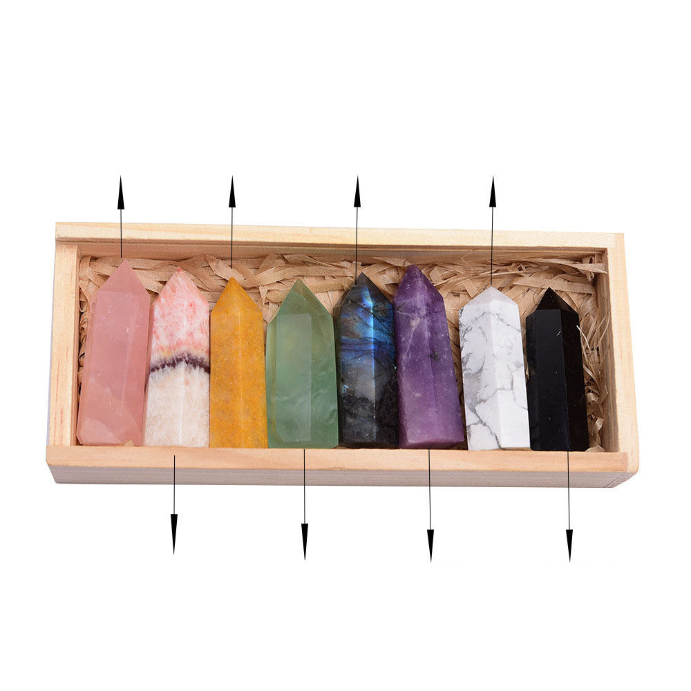 Donghai Natural Crystal Single Pointed Column Set White Crystal  Crystal Eight-Color Wooden Box 🇨🇳