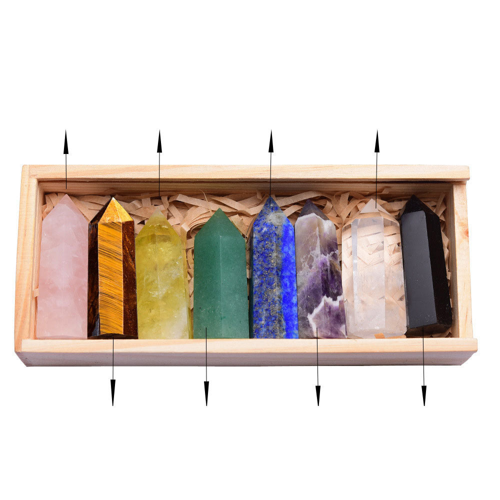 Donghai Natural Crystal Single Pointed Column Set White Crystal  Crystal Eight-Color Wooden Box 🇨🇳