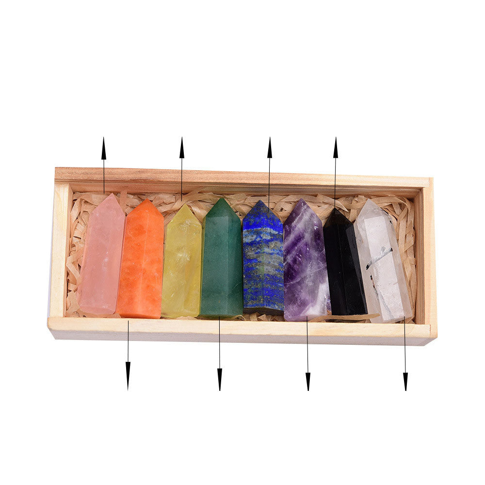 Donghai Natural Crystal Single Pointed Column Set White Crystal  Crystal Eight-Color Wooden Box 🇨🇳