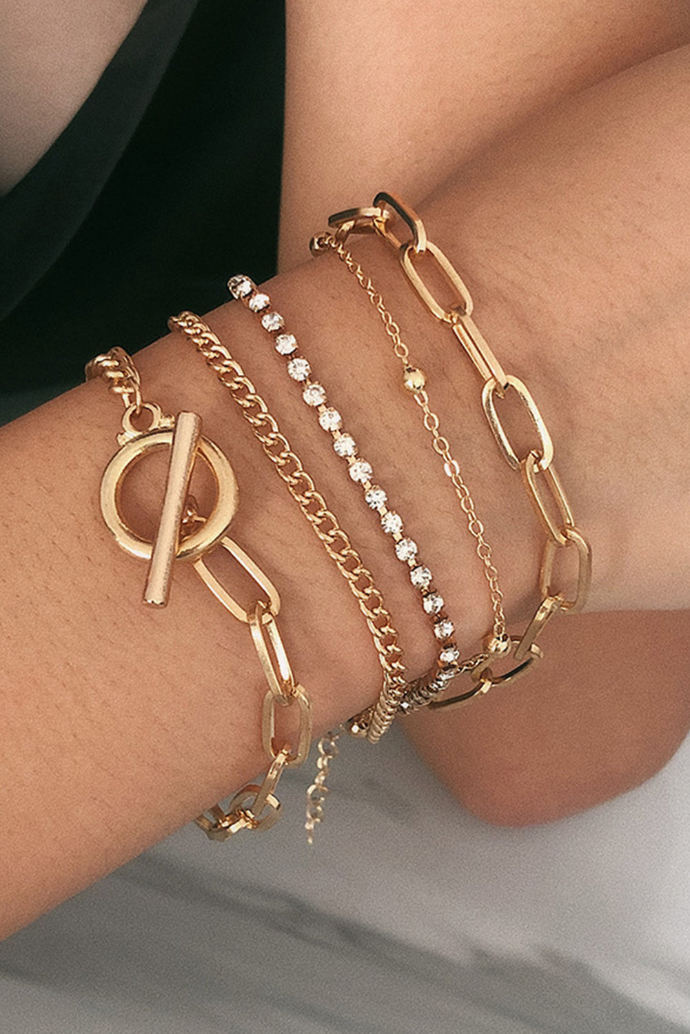 Gold Multi Layered Rhinestone Plated Chain Bracelet Set 🇨🇳