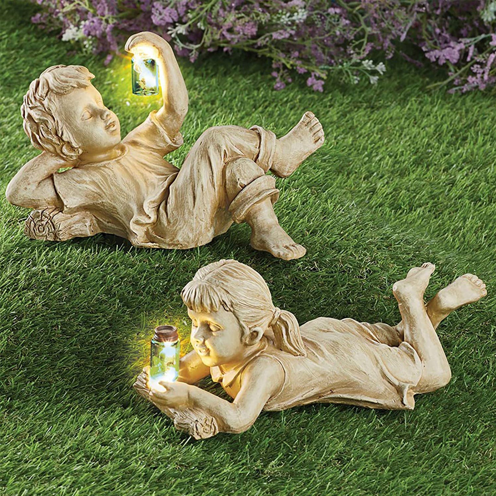 Home Decor Resin Craft With Firefly Jar Garden Statue Children Desktop Accessories Boy Girl Cute Gift Outdoor Solar Lighted Art 🇨🇳