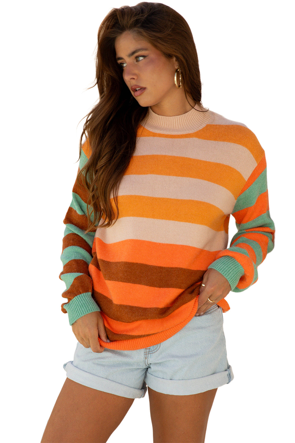 Orange Stripe Color Block High Neck Drop Shoulder Cozy Sweater 🇺🇲