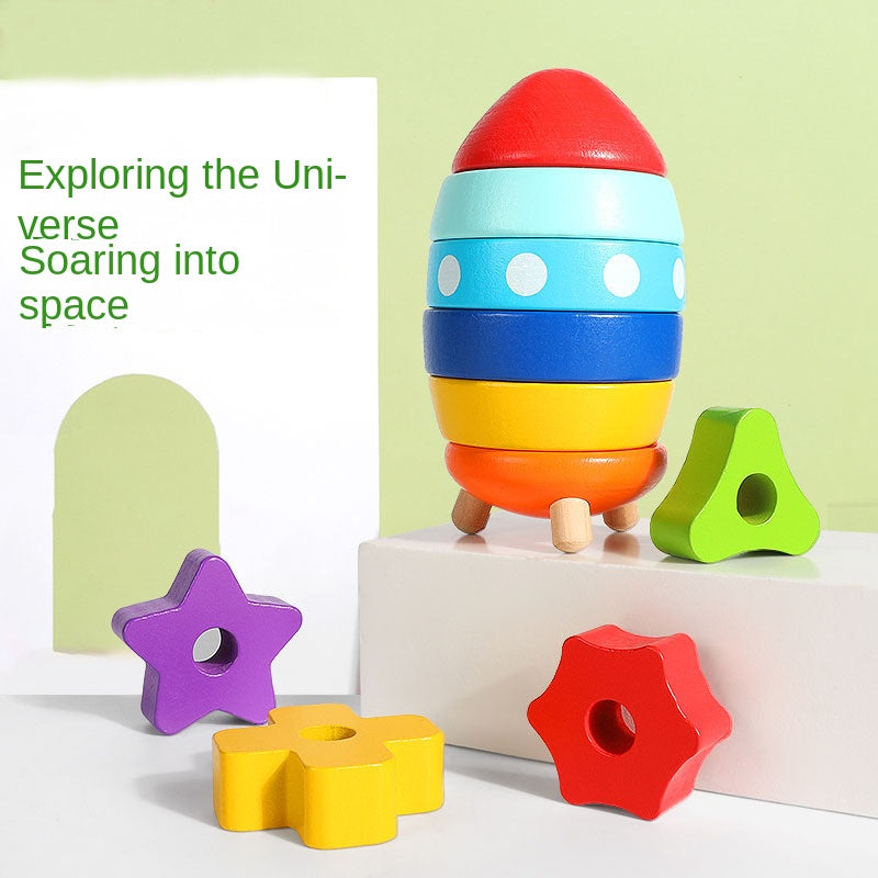 Stacked Rocket Wooden Children's Shape Matching Cognitive Geometry Toy Rainbow Tower Circle Stacked Music Collar Ring 🇨🇳
