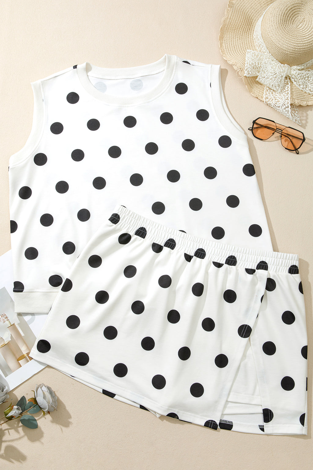 White Plus Size Polka Dot Printed Tank Split Skort 2pcs Outfit 🇺🇸