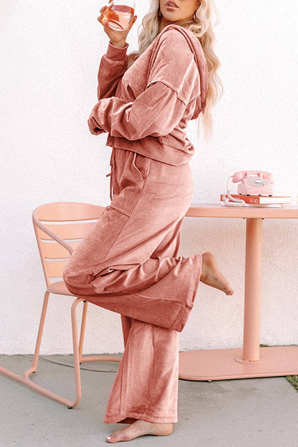 Peach Blossom Velvet Zip-up Hoodie and Wide Leg Pants Set 🇺🇸