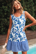 Sky Blue Floral Print U Neck Sleeveless Striped Ruffle Hem Patchwork Dress 🇺🇸