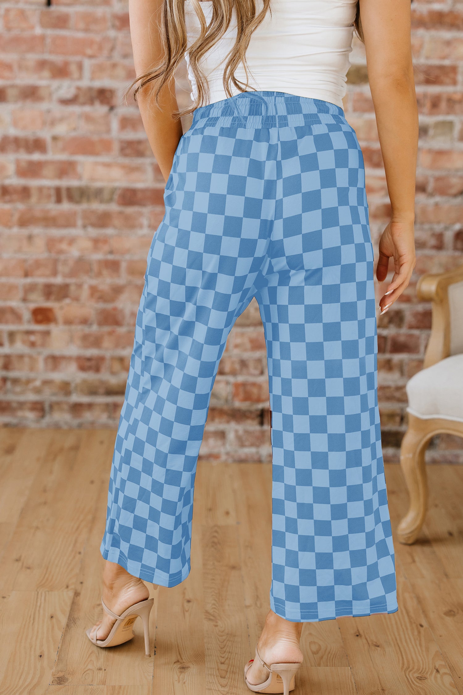 Sky Blue Checkered Elastic High Waist Loose Casual Pants 🇨🇳