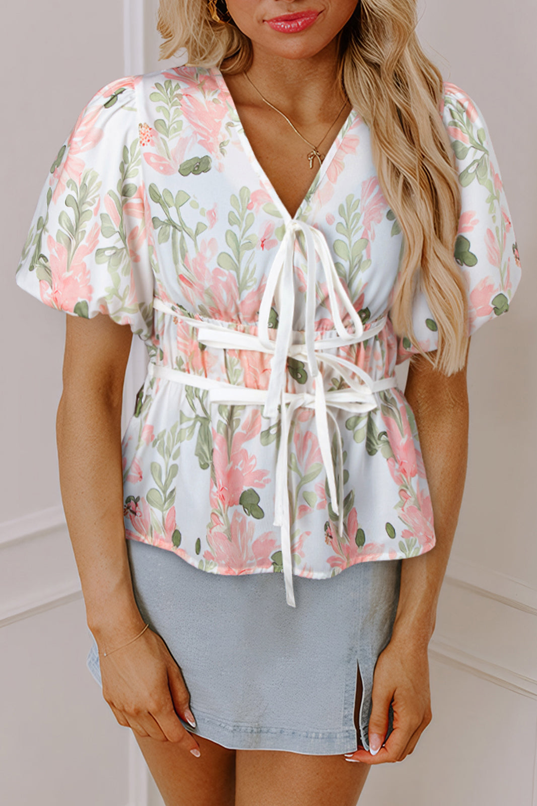 Pink Floral Puff Sleeve V Neck Tied Front Peplum Blouse 🇨🇳