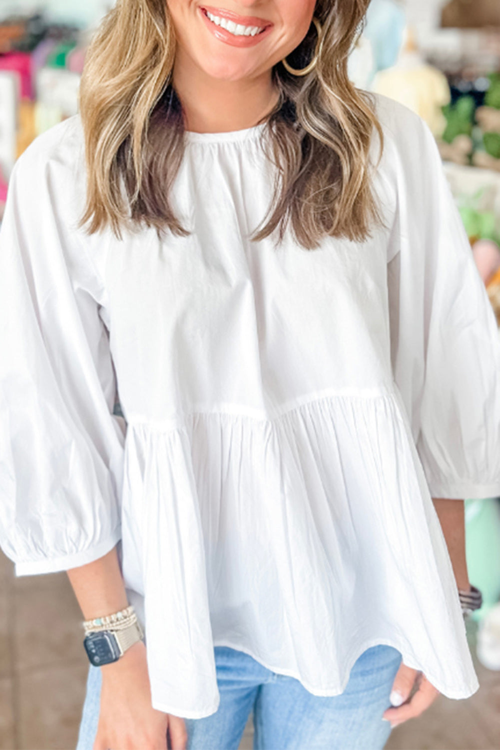 White Bow Knot Cutout Back Loose Fit 3/4 Sleeve Blouse 🇺🇸