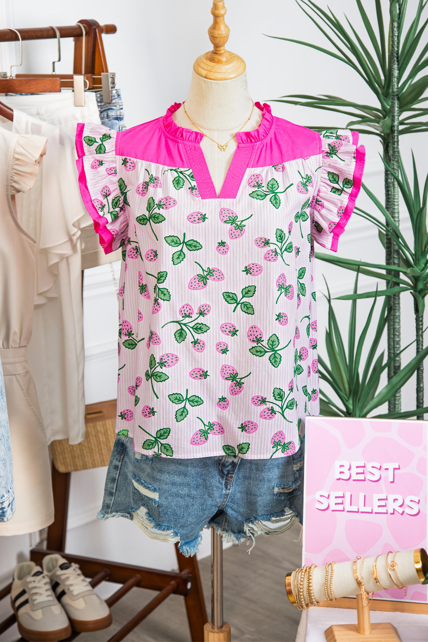 Pink Striped Strawberry Printed Color Block Patchwork V Neck Flutter Sleeve Blouse 🇺🇸