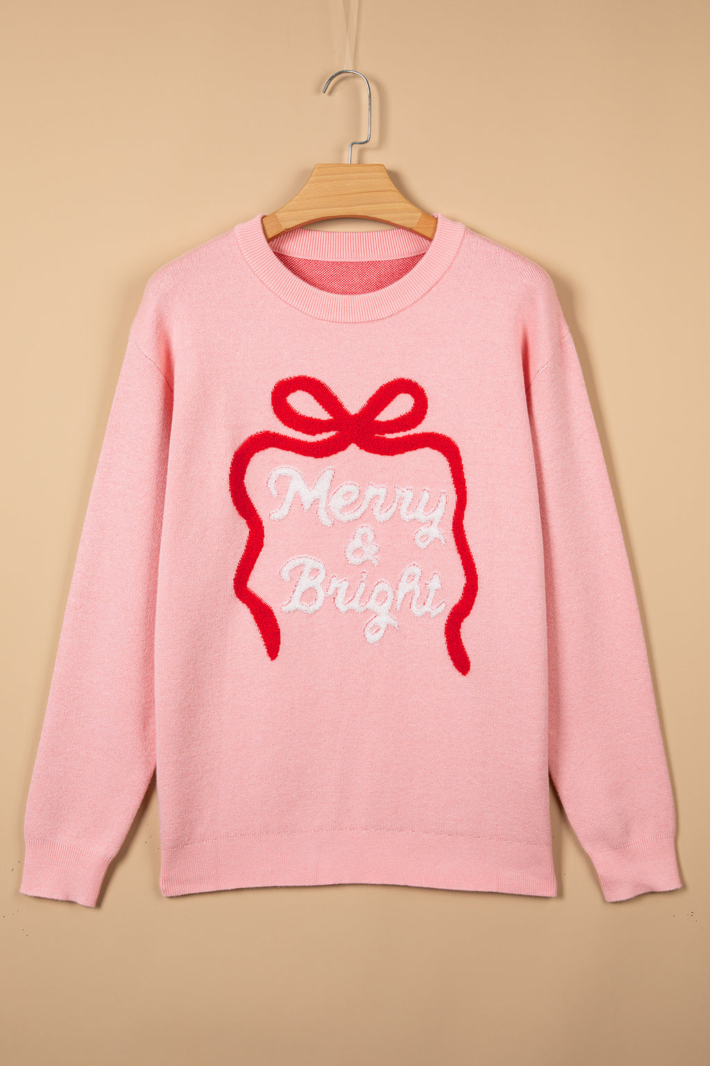 Gossamer Pink Drop Shoulder Round Neck Towel Embroidery Slogan Pullover Sweater 🇺🇸