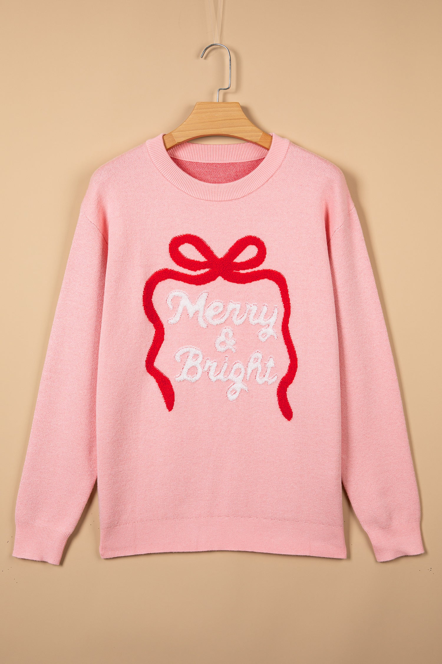 Gossamer Pink Drop Shoulder Round Neck Towel Embroidery Slogan Pullover Sweater 🇺🇸