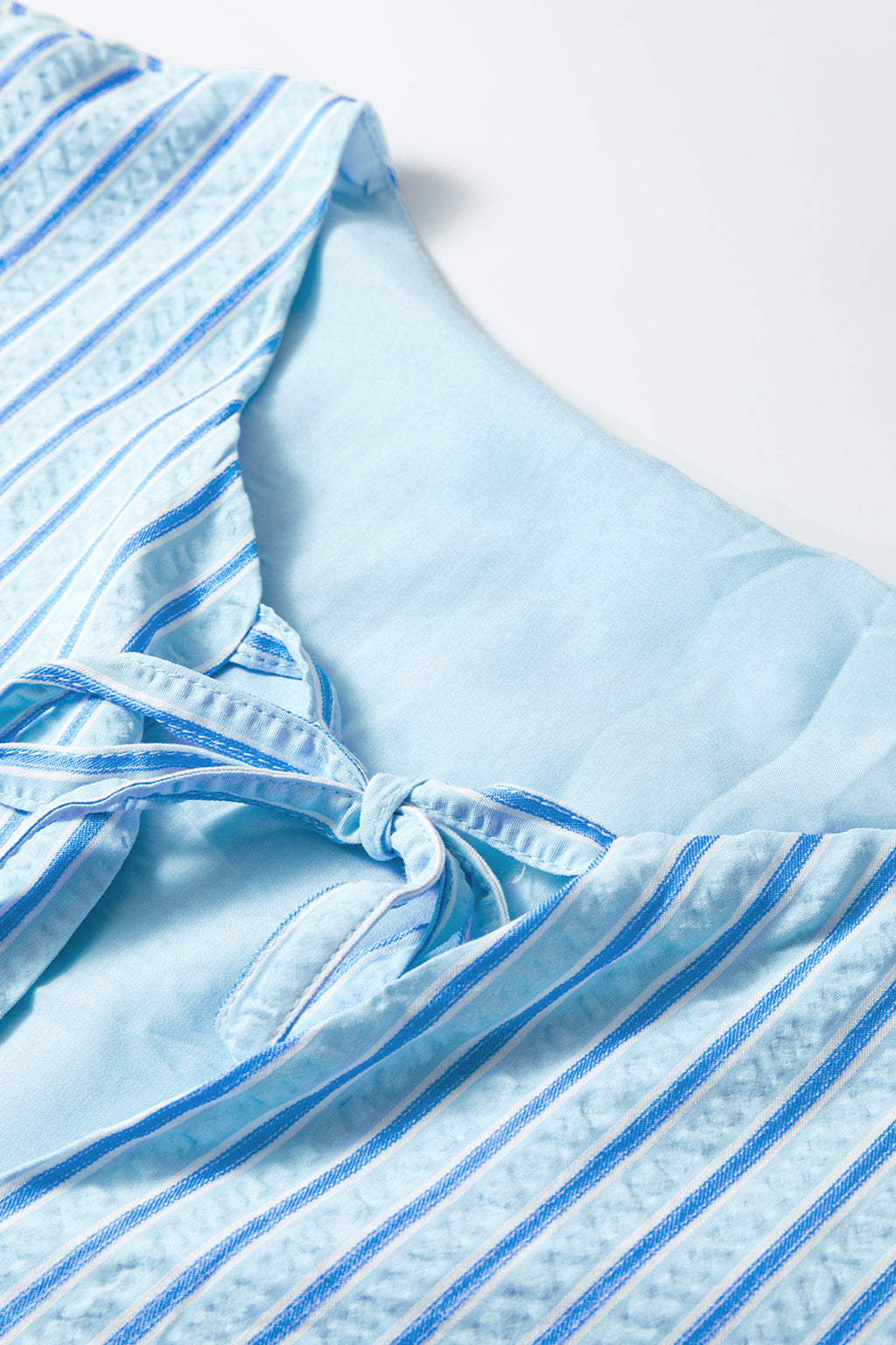 Sky Blue Stripe Bow Knot Textured Short Puff Sleeve Babydoll Blouse 🇺🇸