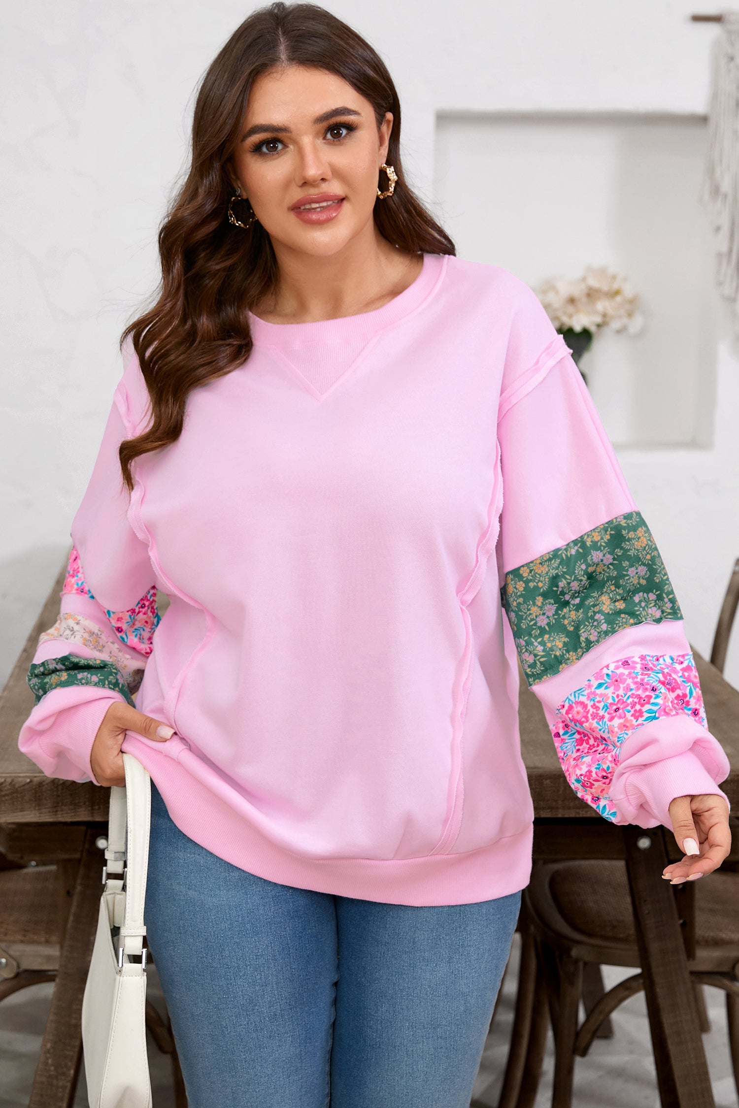 Pink Plus Size Mix Floral Patched Sleeve Ribbed Trim Baggy Sweatshirt 🇺🇸
