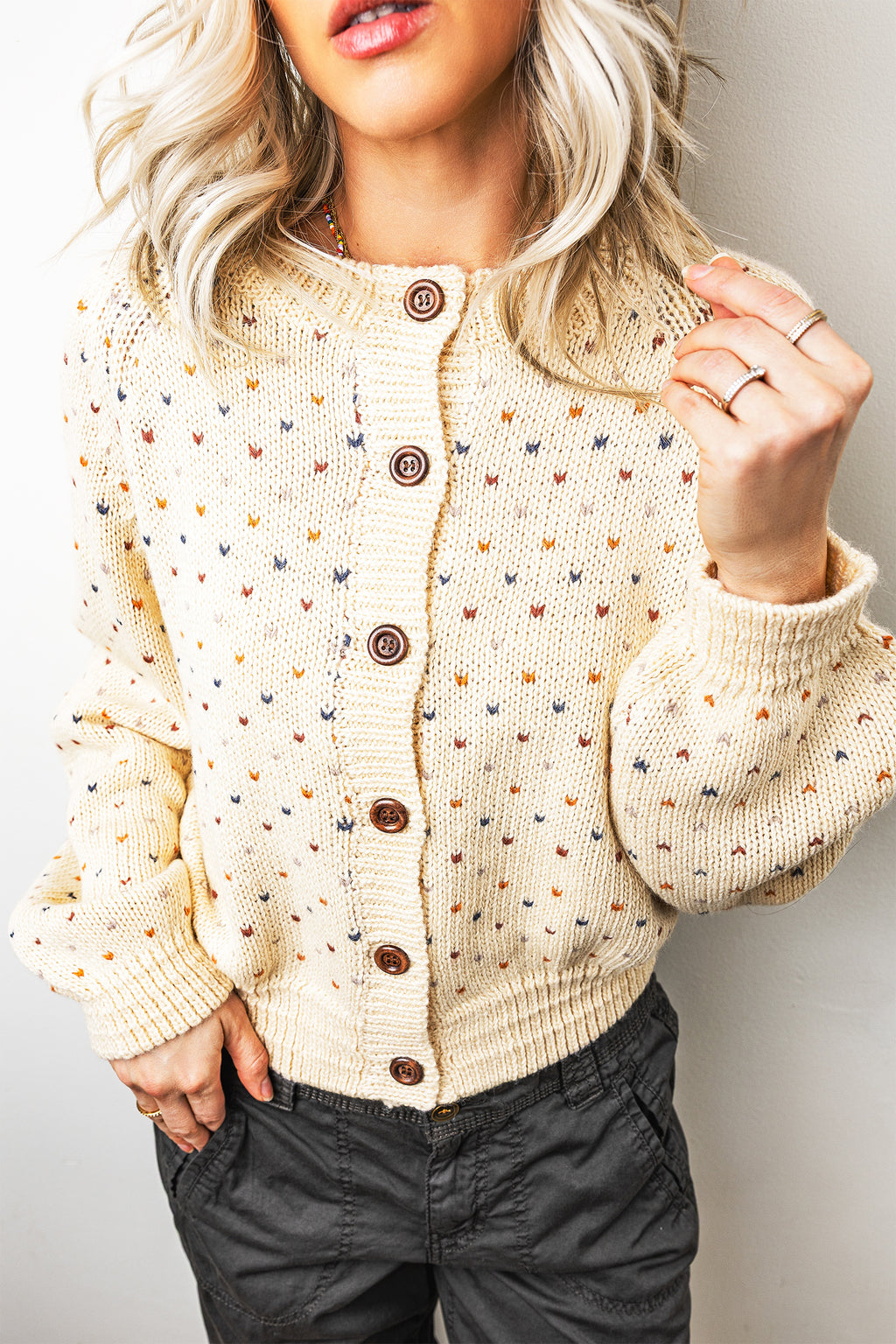 Beige Geometric Print Button Front Long Sleeve Regular Fit Cardigan 🇺🇸