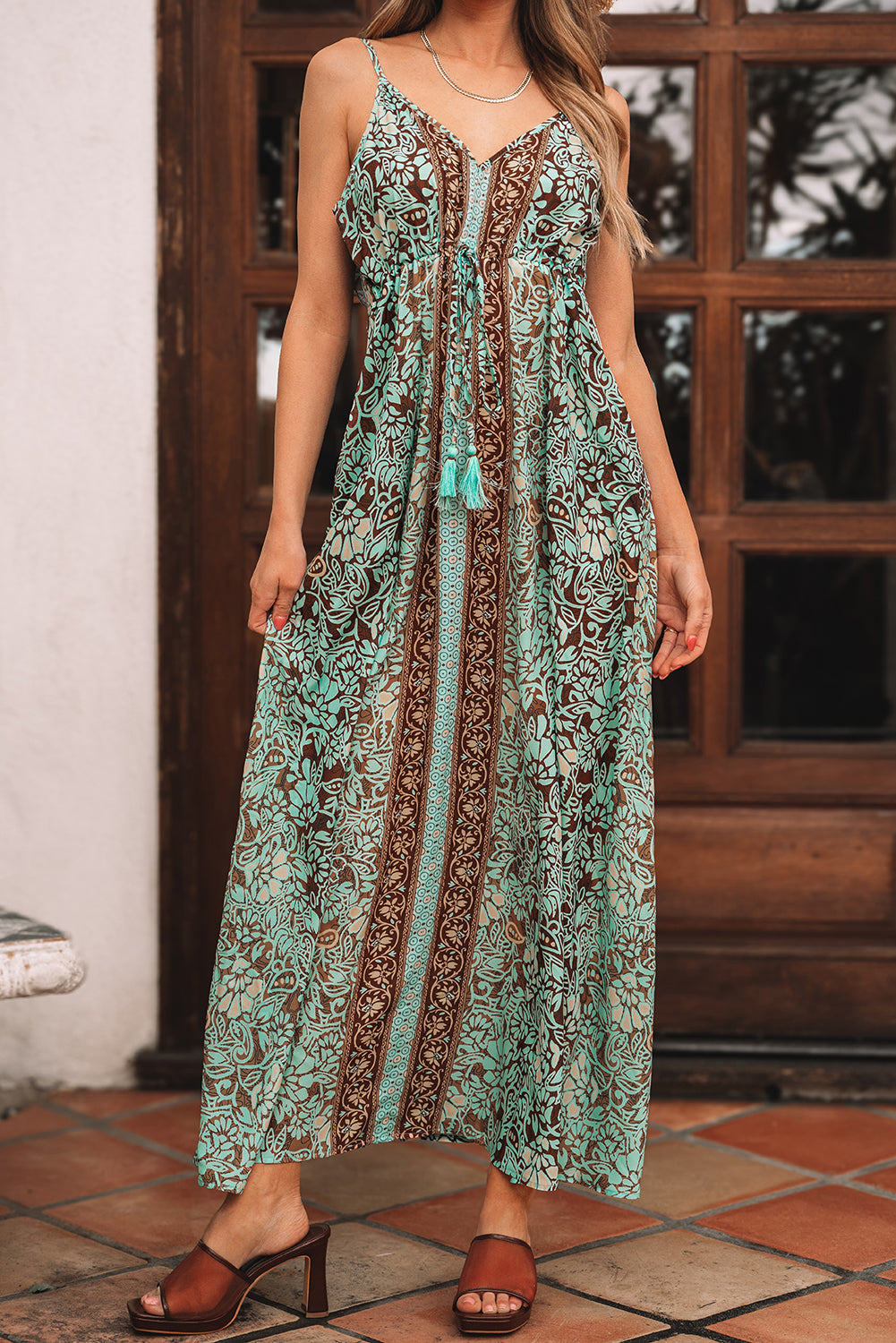 Green Floral Print V Neck Ruffled Trim Backless Tassel Waist Maxi Dress 🇺🇸
