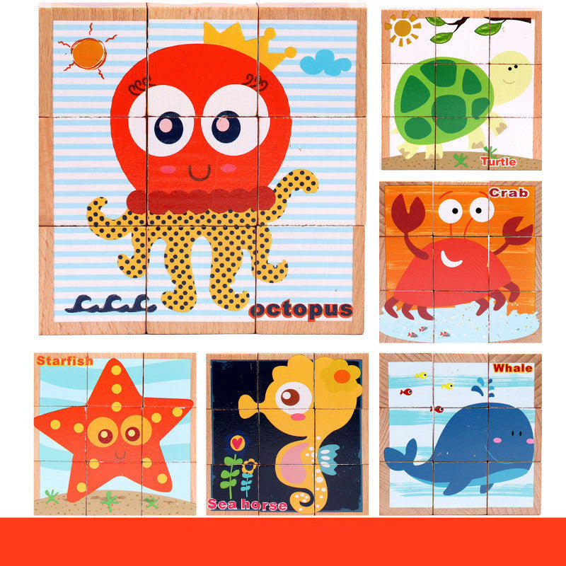 High-grade Six-face Picture Wooden Jigsaw 3D Puzzle Toys Children's Early Educational Toy Cube Jigsaw Puzzle Baby Kids Gifts 🇨🇳