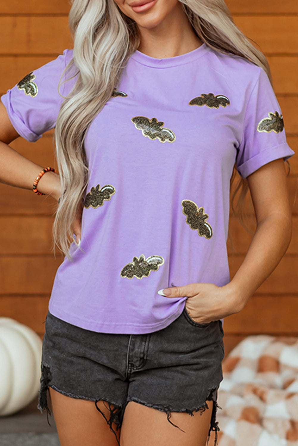 Wisteria Sequin Halloween Bat Patched Casual T Shirt 🇺🇸