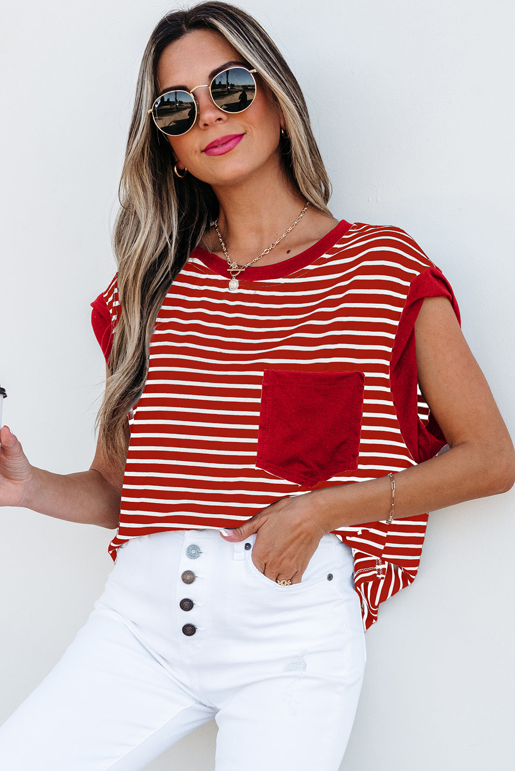 Red Stripe Chest Pocket Patch Round Neck Tank Top 🇨🇳