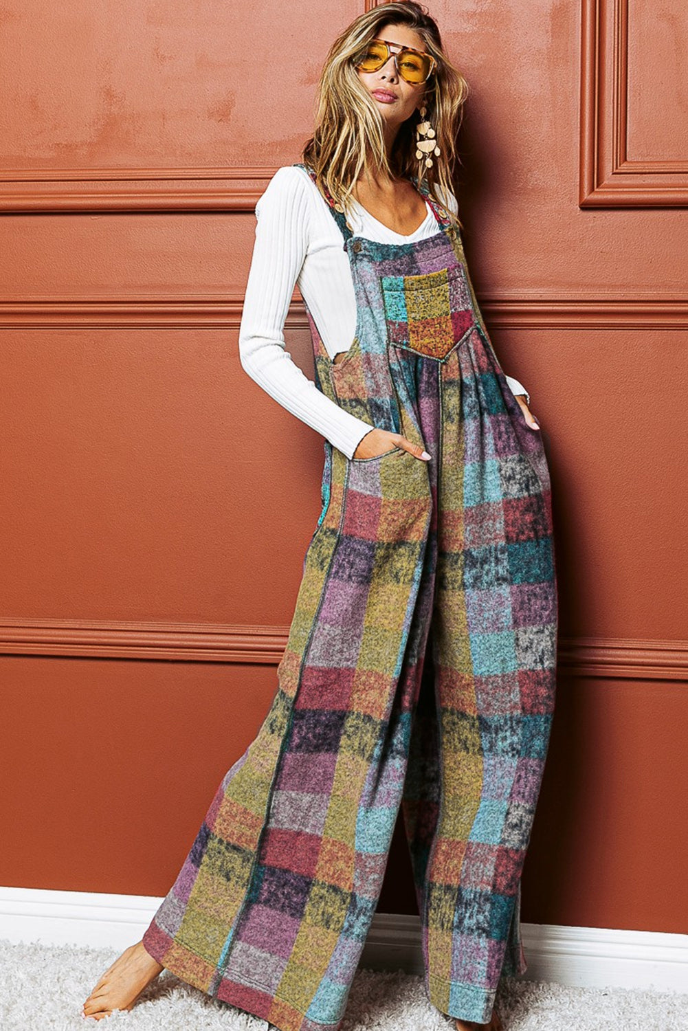 Multicolour Brushed Checkered Wide Leg Overalls 🇺🇸