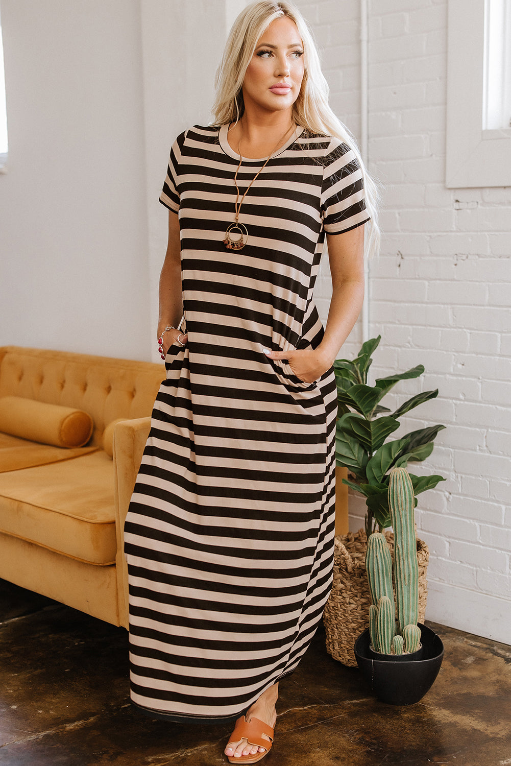 Black Stripe Casual Round Neck T-shirt Maxi Dress with Pockets 🇺🇸