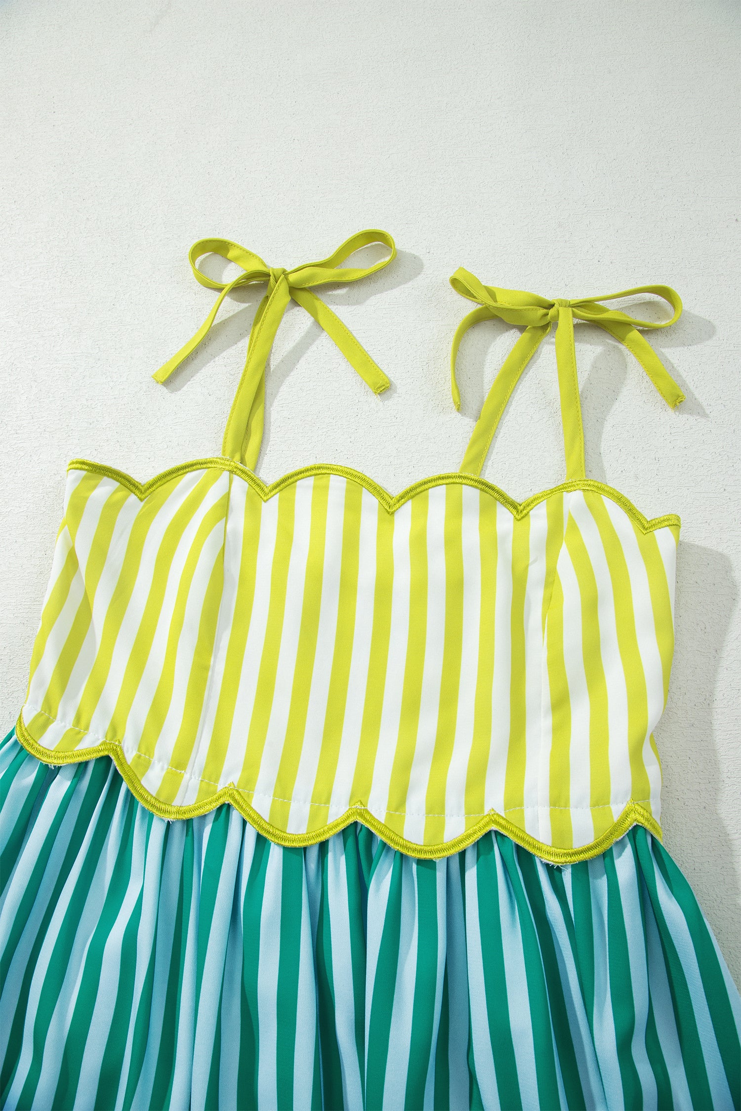 Green Stripe Scalloped Contrast Patchwork Knot Strap Midi Dress 🇺🇸