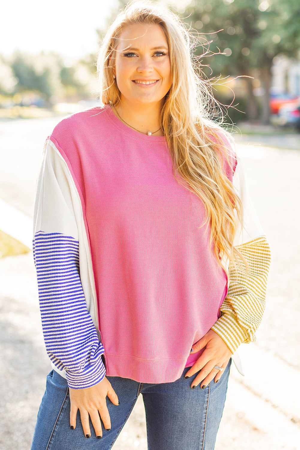Rose Red Colorblock Patchwork Striped Puff Sleeve Plus Size Top with Slits 🇺🇲