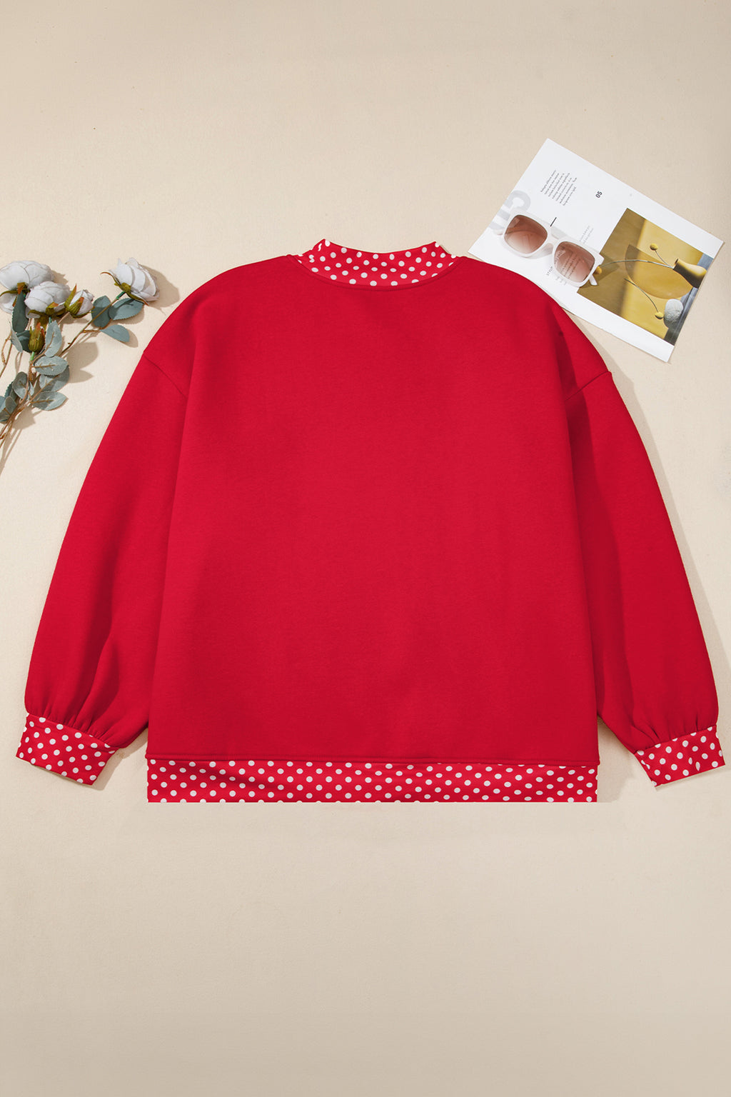 Red Polka Dot Patchwork Round Neck Plus Size Sweatshirt 🇺🇸