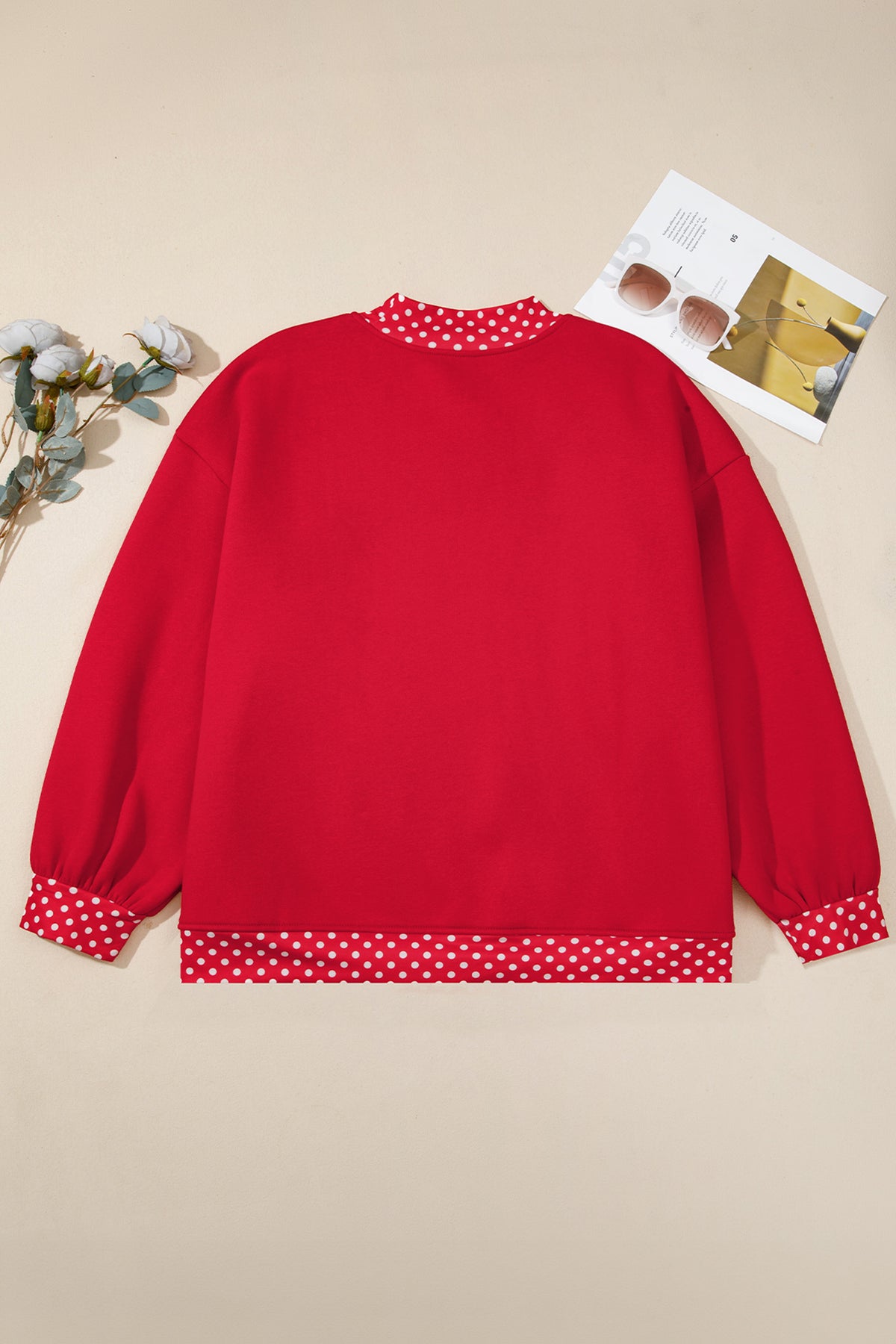 Red Polka Dot Patchwork Round Neck Plus Size Sweatshirt 🇺🇸