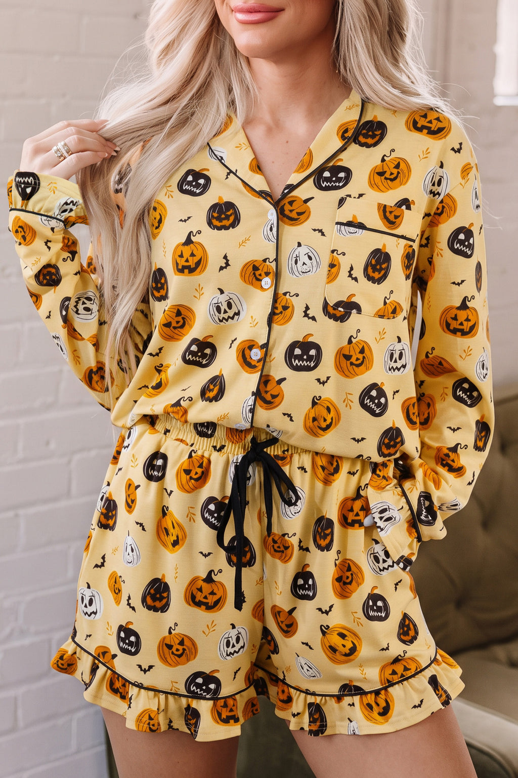 Orange Long Sleeve Ruffle Pumpkin Face Print Two Piece Lounge Set 🇺🇸