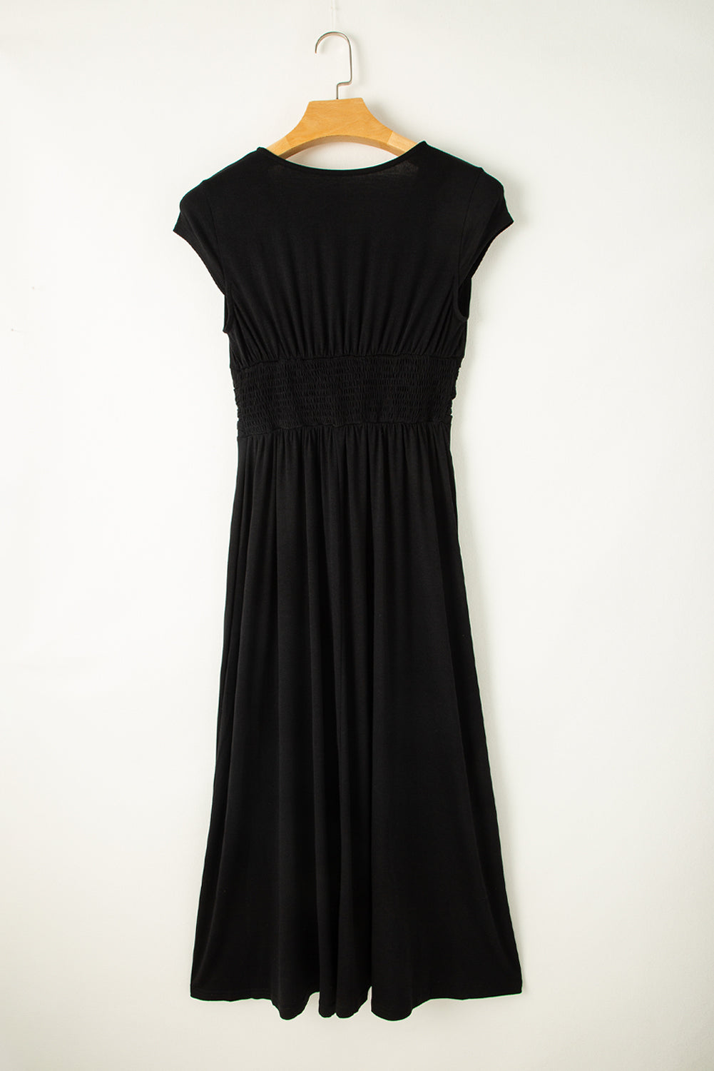 Black Short Sleeve Shirred High Waist V Neck Maxi Dress 🇨🇳