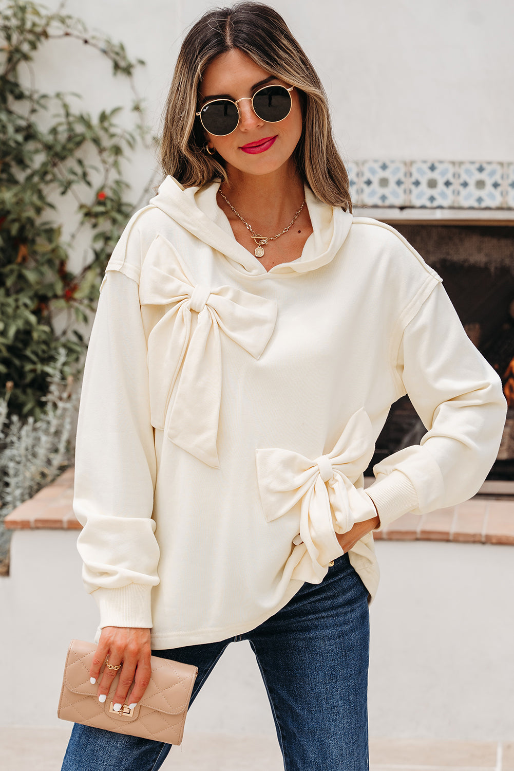 White Solid Color Cute Bow Detail Loose Hoodie 🇺🇲