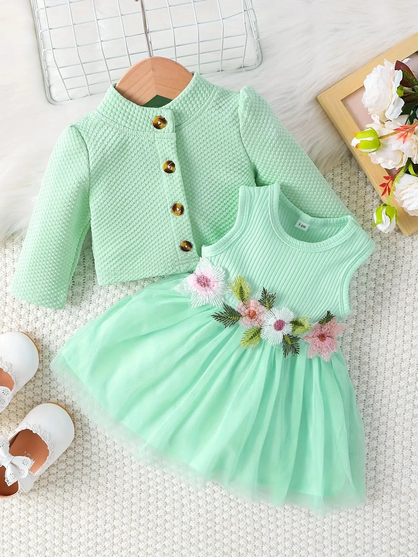 Baby girl waist flower design vest spliced mesh dress and jacket/Cardigan 🇨🇳