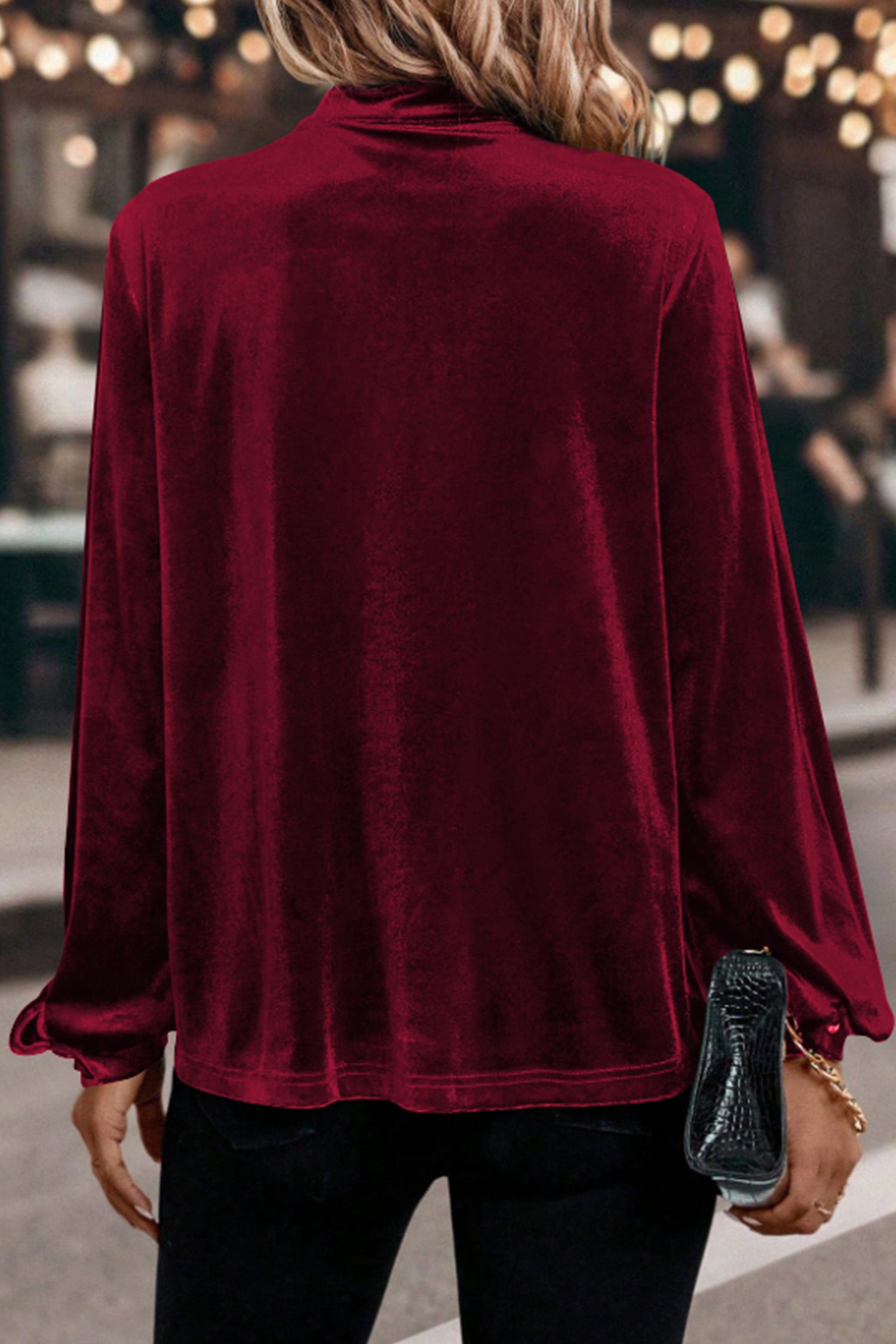 Red Dahlia Asymmetric Button Keyhole Neck Long Sleeve Velvet Blouse 🇺🇸
