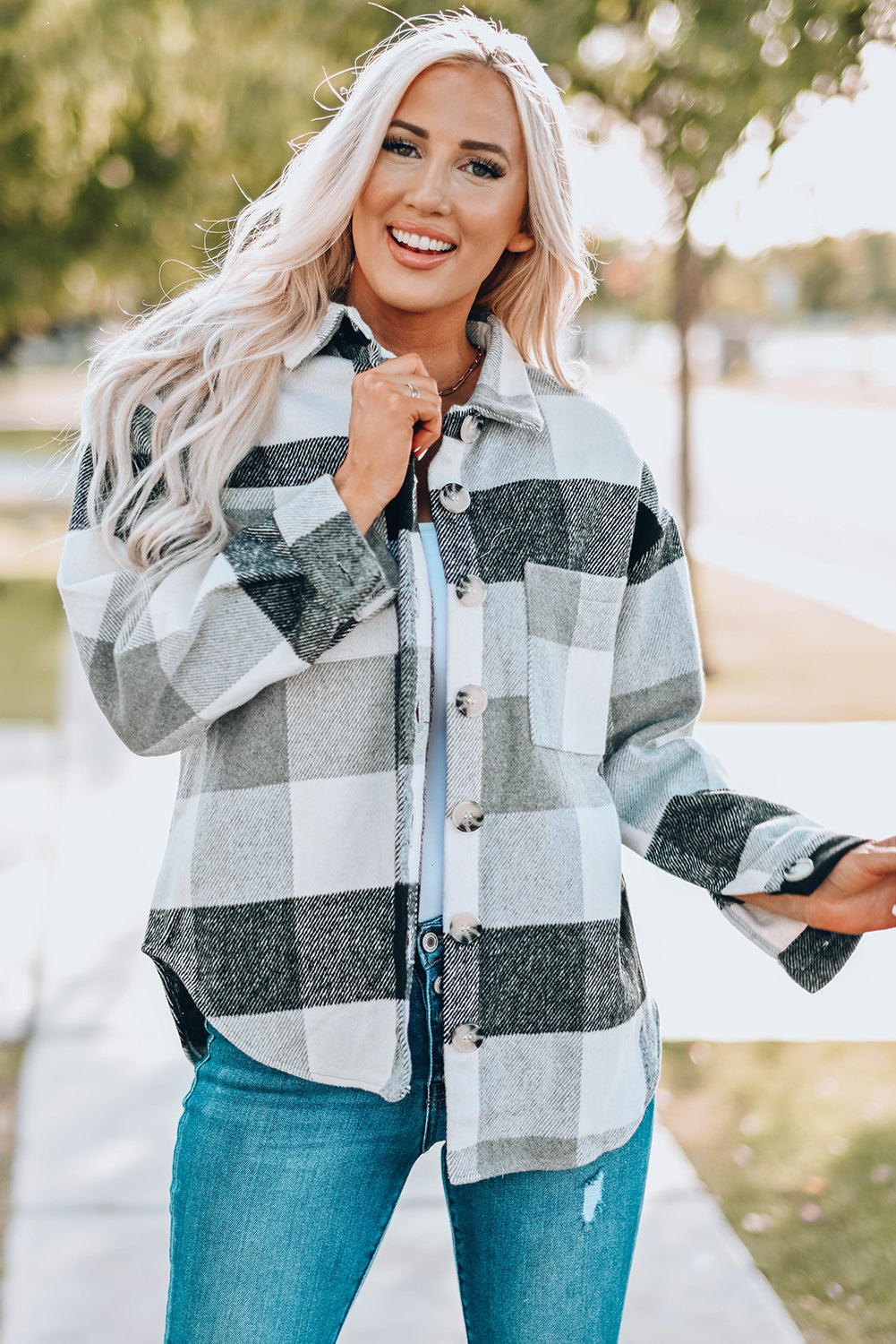 Gray Plaid Color Block Buttoned Long Sleeve Jacket with Pocket 🇺🇸